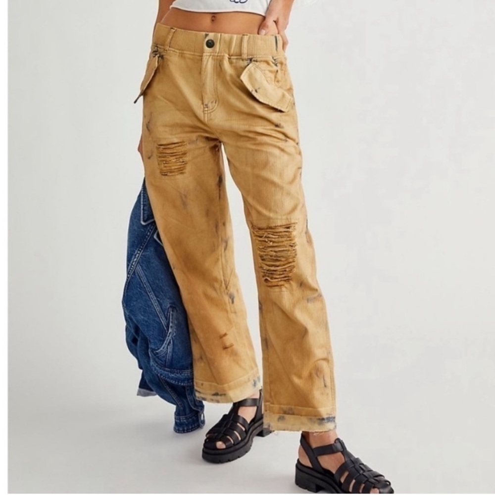 Free People Beige Distressed Cropped Corduroy Utility Pants - Picture 3 of 3